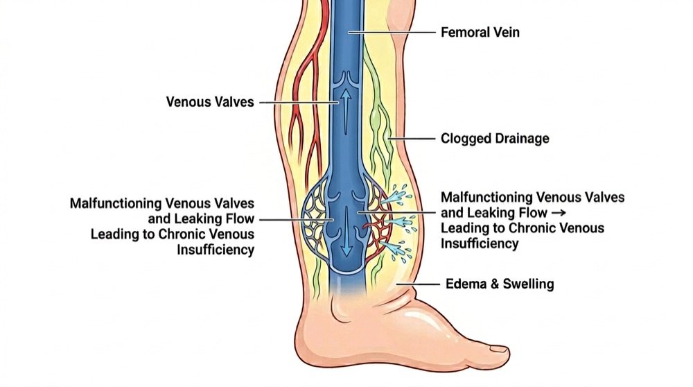Diagram of how fluid pools in the lower legs when internal flow slows