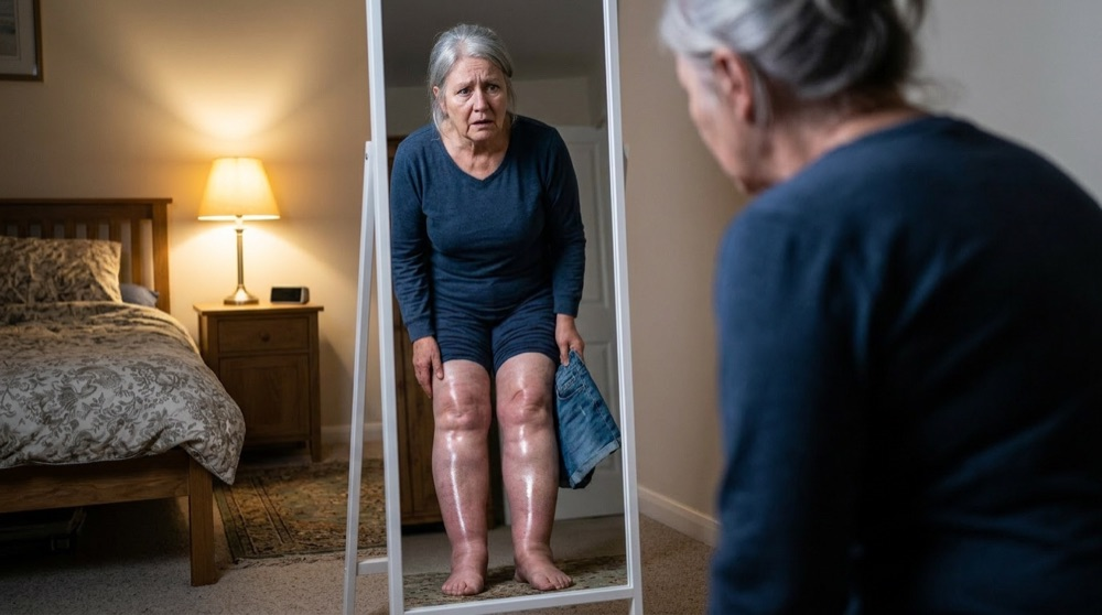 Woman noticing morning facial puffiness in the mirror